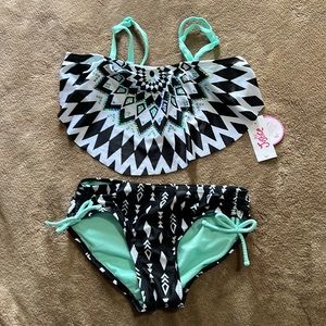Justice 2pc swimsuit bikini size 10 girls mint green black white geometric